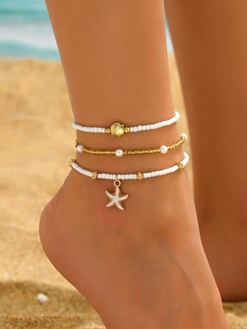 New! Trendy Handmade Starfish Beaded Anklet Set B2-102